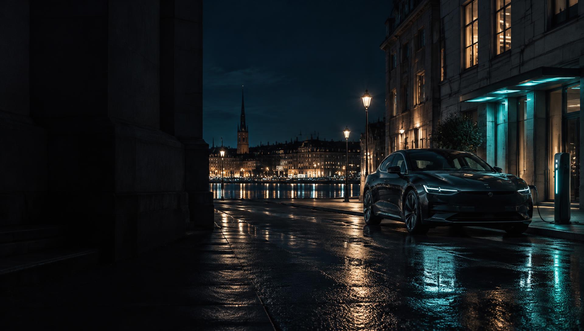 Electric car at a charging point on an evening-lit Stockholm street